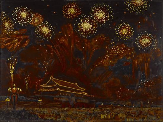 《节日之夜》杨富明、夏镜湖,1972年,木板漆画、大漆,120x90cm