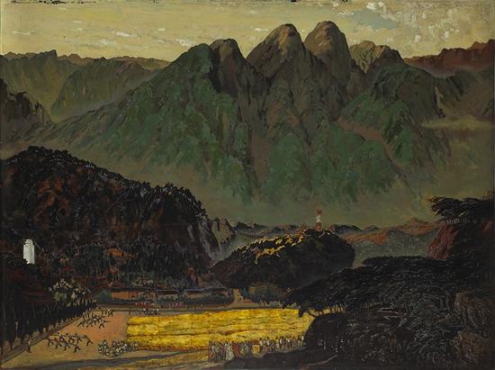 《井冈山》集体创作,20世纪70年代,木板漆画、大漆,120X90cm