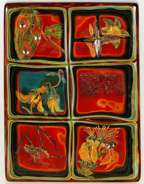 《六个方块》何艳,2016年,漆、夏布、瓦灰,30X20cm